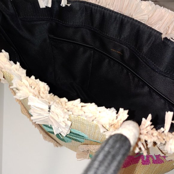 Stella & Dot Embroidered Palm Straw Fringed Tote With Rope Handles - Picture 7 of 13